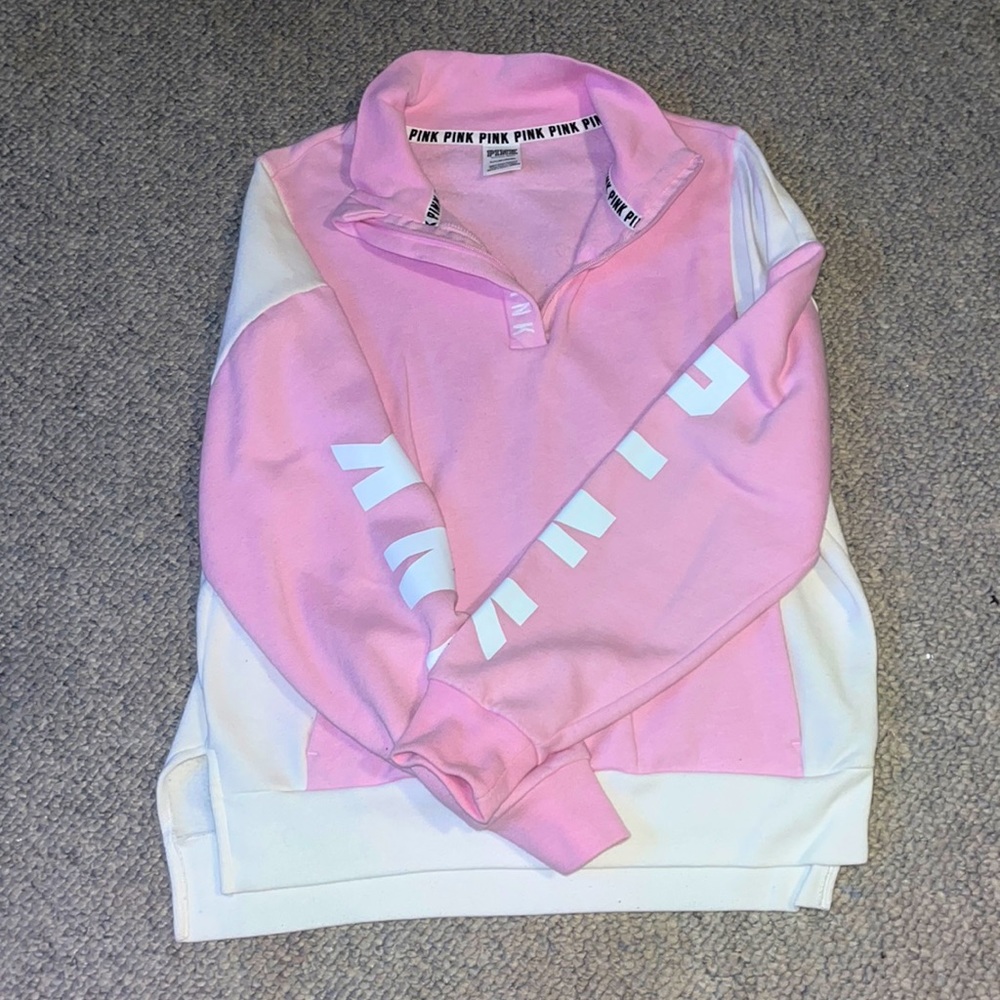 PINK quarter zip pullover. Pink and white